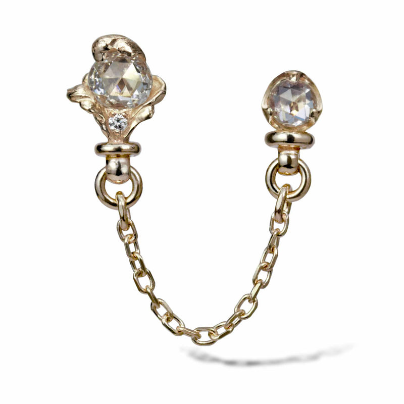 Yellow gold rococo baroque inspired scroll work chain linked double stud earring featuring 3.5mm and 2.5mm round rose cut diamond and diamond accents. Handcrafted and finished.