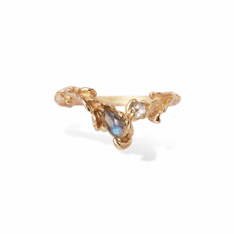 Rose gold rococo baroque inspired scroll work ring featuring a rose cut labradorite and diamond. Handcrafted and finished.