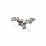 White gold rococo baroque inspired scroll work ring featuring a rose cut labradorite and diamond. Handcrafted and finished.