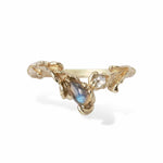 Yellow gold rococo baroque inspired scroll work ring featuring a rose cut labradorite and diamond. Handcrafted and finished.