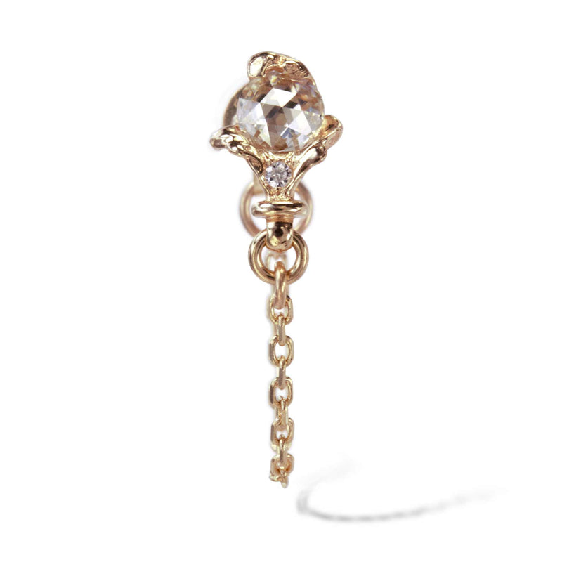 Rose gold rococo baroque inspired scroll work earring featuring 3.5mm round rosecut diamond and diamond accent. Handcrafted and finished.