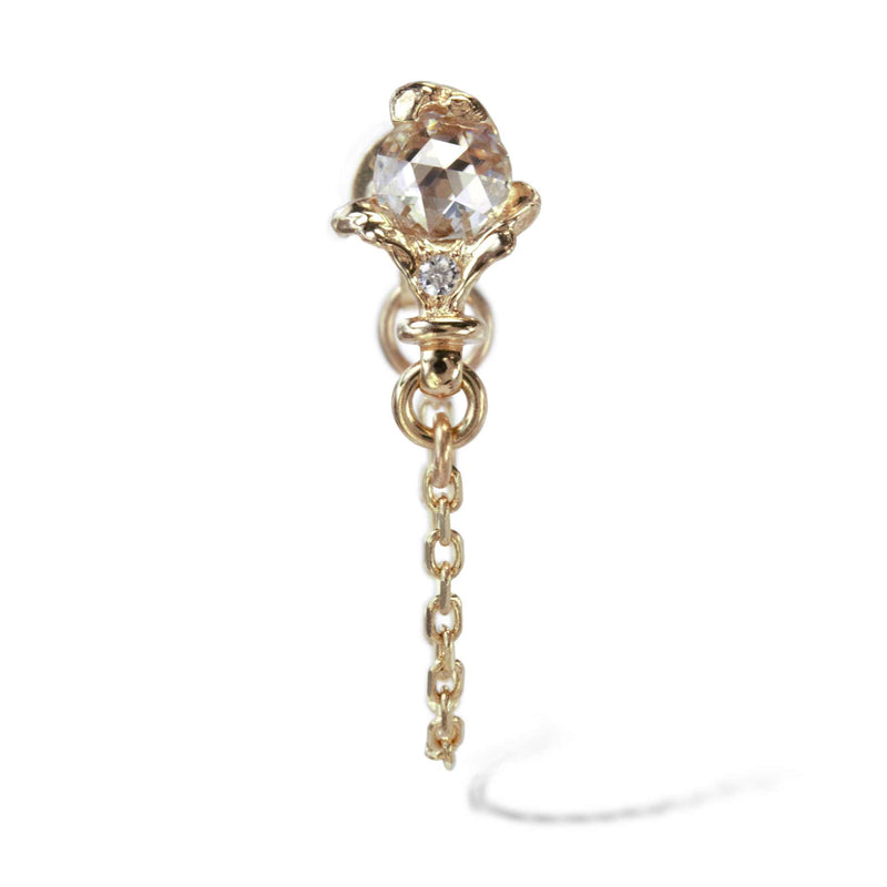 Yellow gold rococo baroque inspired scroll work earring featuring 3.5mm round rosecut diamond and diamond accent. Handcrafted and finished.