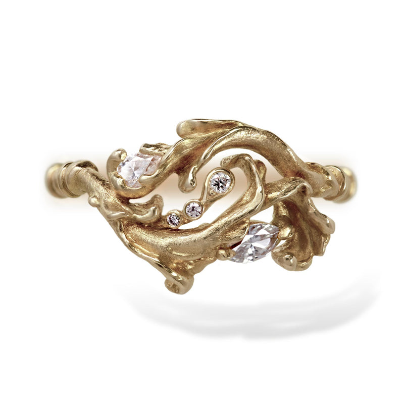 Yellow gold rococo baroque inspired scroll work ring featuring brilliant cut pear, marquise and accent diamonds. Handcrafted and finished.