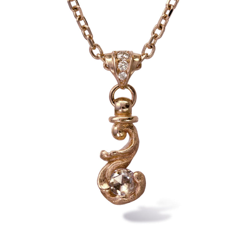 Rose gold rococo baroque inspired scroll work necklace featuring 2.5mm round rose cut diamond and diamond accent. Handcrafted and finished.