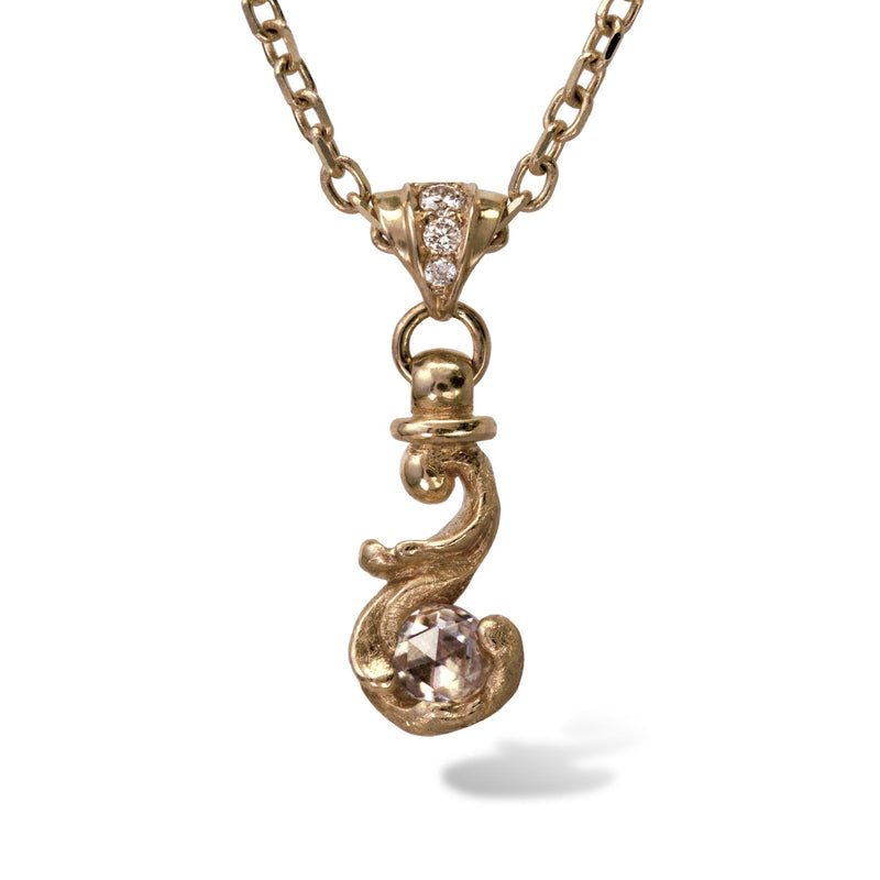 Yellow gold rococo baroque inspired scroll work necklace featuring 2.5mm round rose cut diamond and diamond accent. Handcrafted and finished.