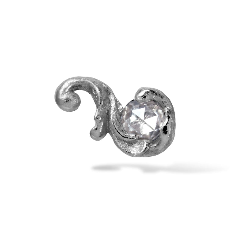 White gold rococo baroque inspired scroll work earring featuring 2.5mm round rose cut diamond. Handcrafted and finished.